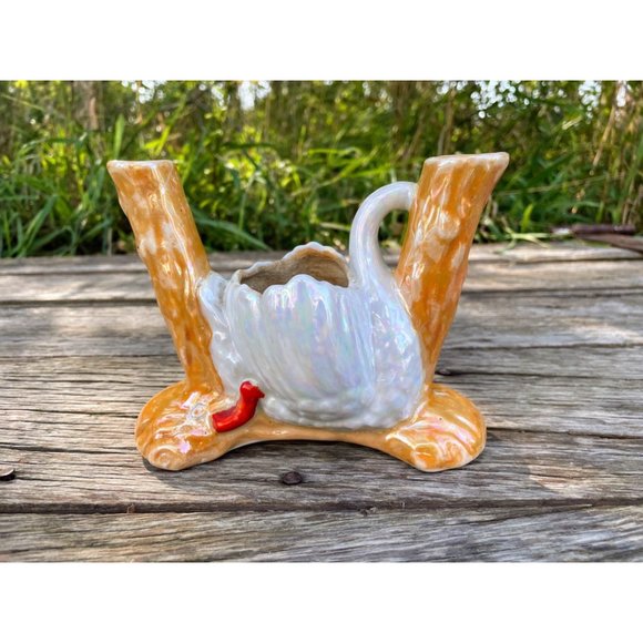 Vintage 1950s Lusterware Swan Planter With Vases - Picture 6 of 13